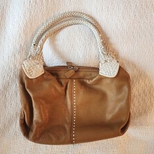 Italian Leather Handbag - Camel & White